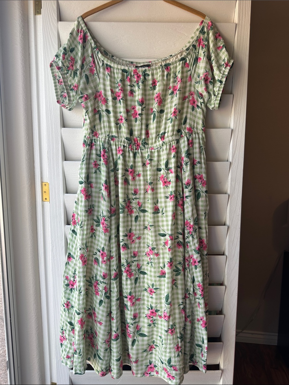 Retro Chic Torrid Gingham Off the Shoulder Vintage Green Floral Dress Large 00
